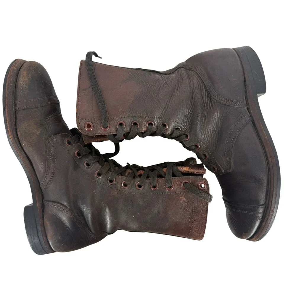 Vintage 60s Brown Leather Paratrooper Jump Boots Size 9 Cap Toe Military Combat